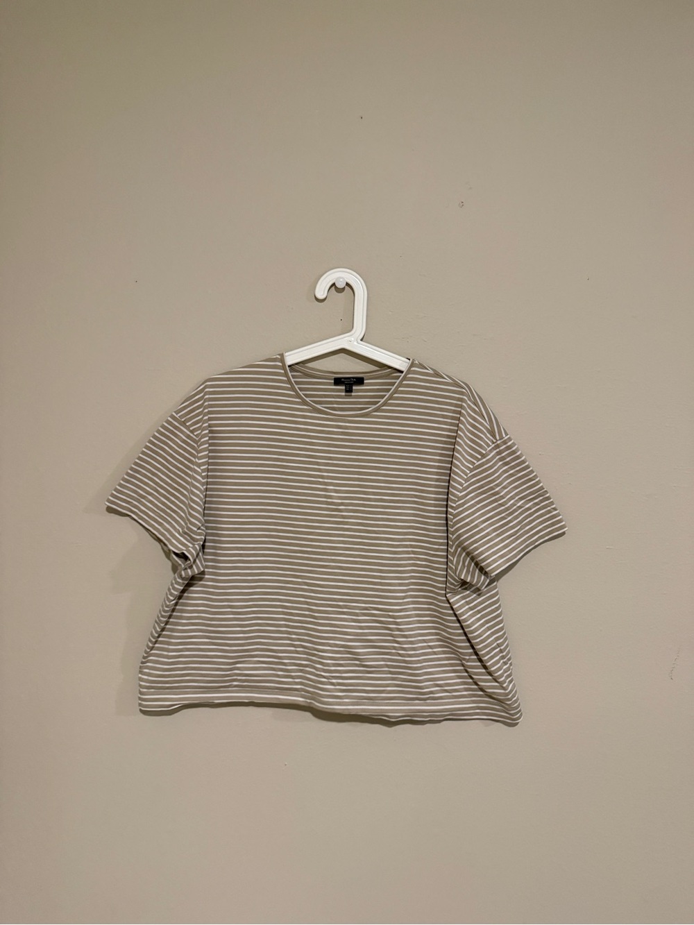 Massimo Dutti 100% Cotton Taupe & White Striped Boxy Short Sleeve Top